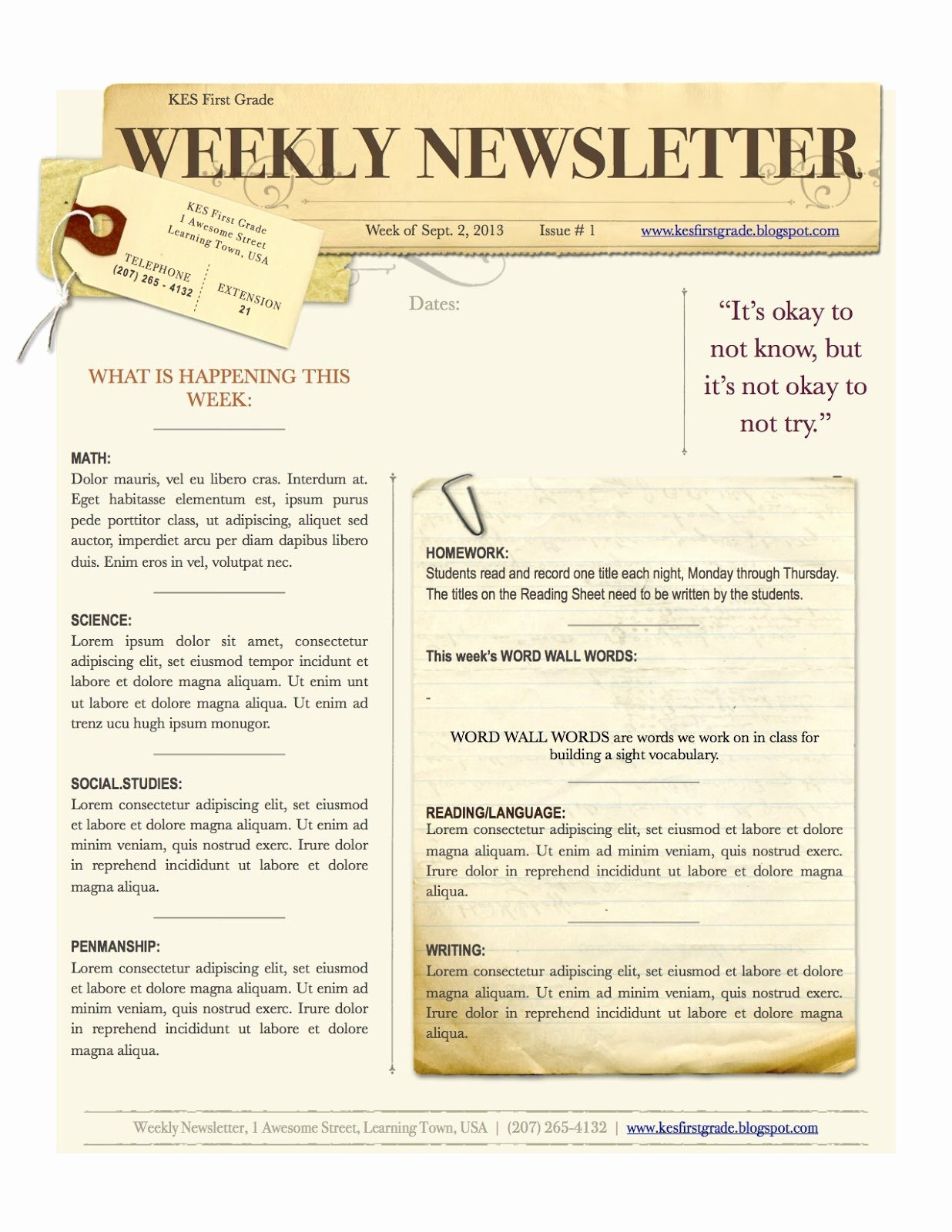 First Grade Newsletter Template Weekly Newsletter 1 236×1 600 – Latter Example Template