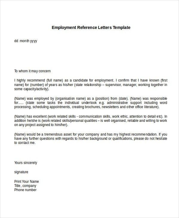 Free Reference Letter Template 13 Employment Reference Letter Templates Free Sample
