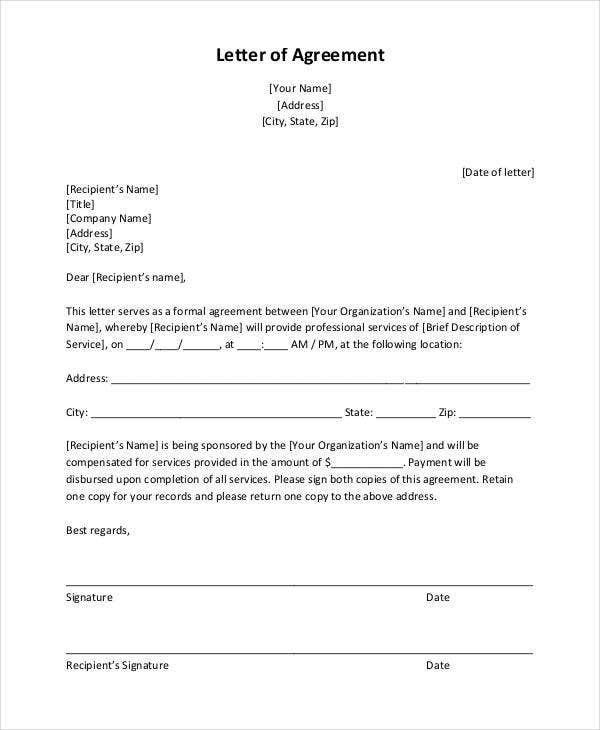 Letter Of Agreement Template Agreement Letter Template 11 Free Sample Example