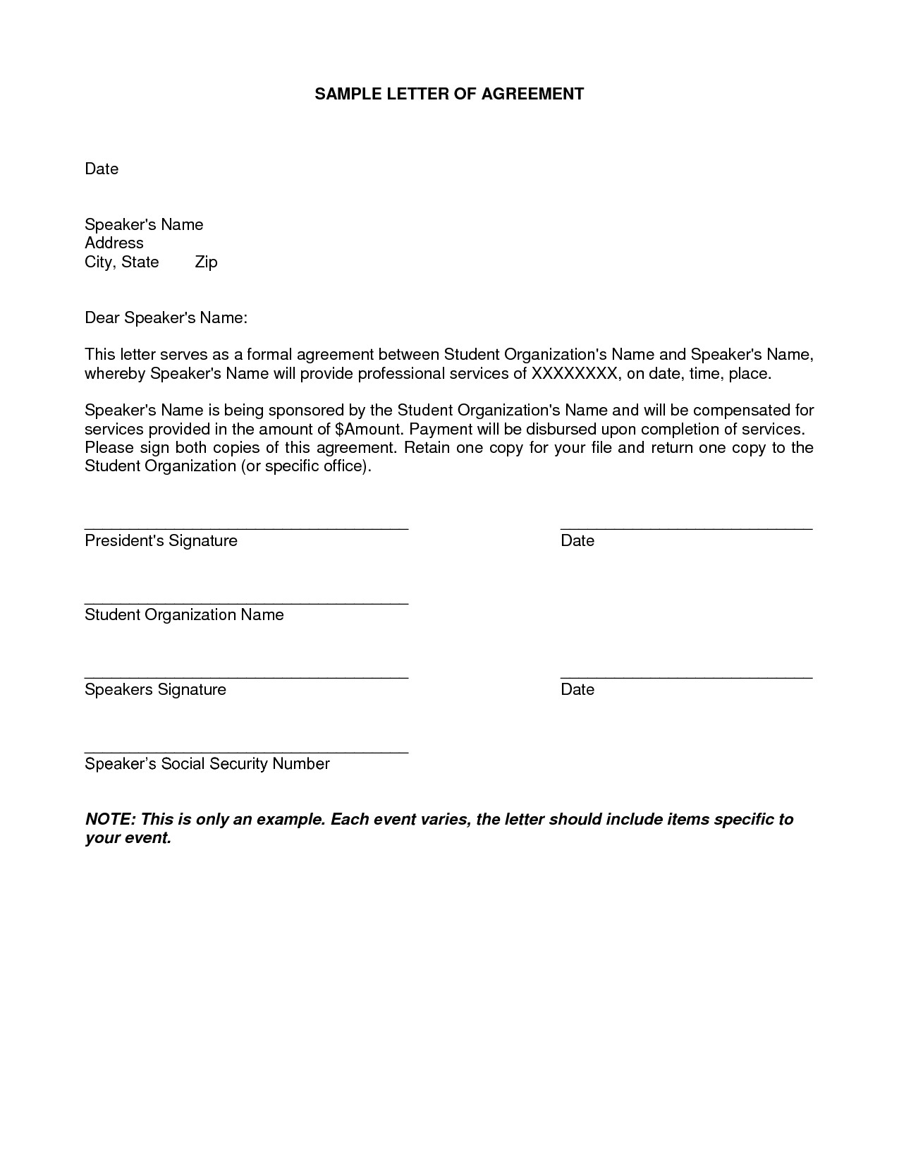 Letter Of Agreement Template Free Printable Letter Of Agreement form Generic