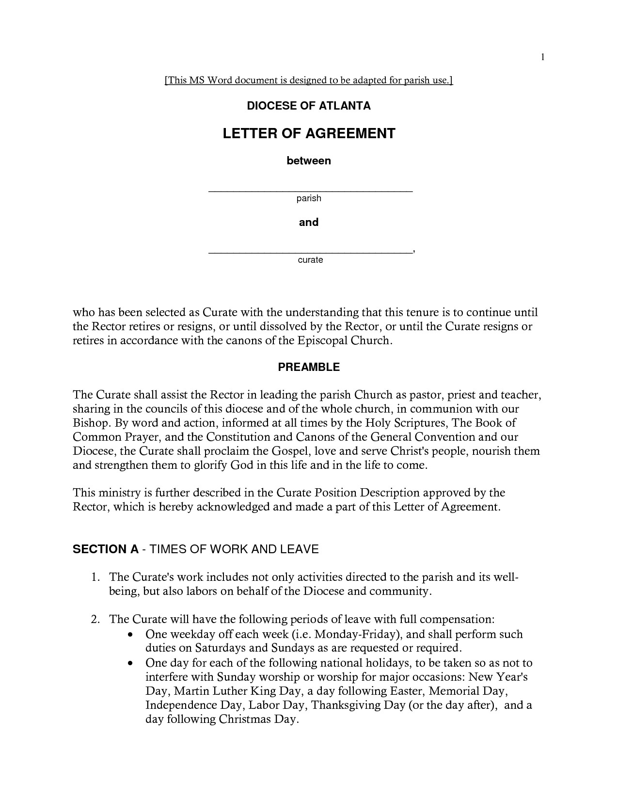 Letter Of Agreement Template Free Printable Letter Of Agreement form Generic