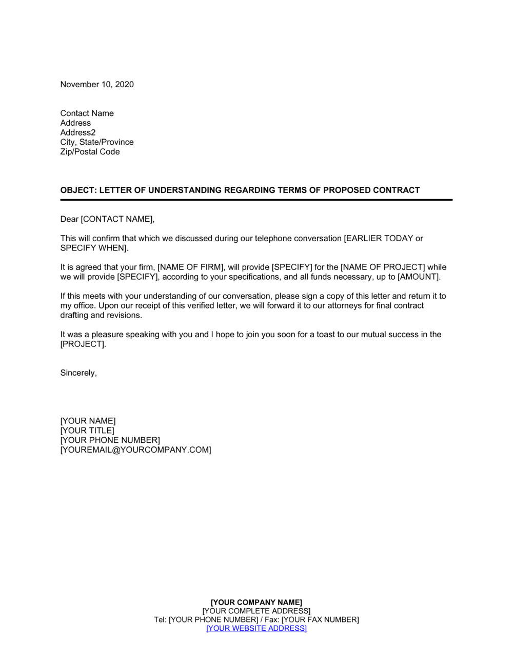 Letter Of Understanding Template Letter Understanding Template Collection