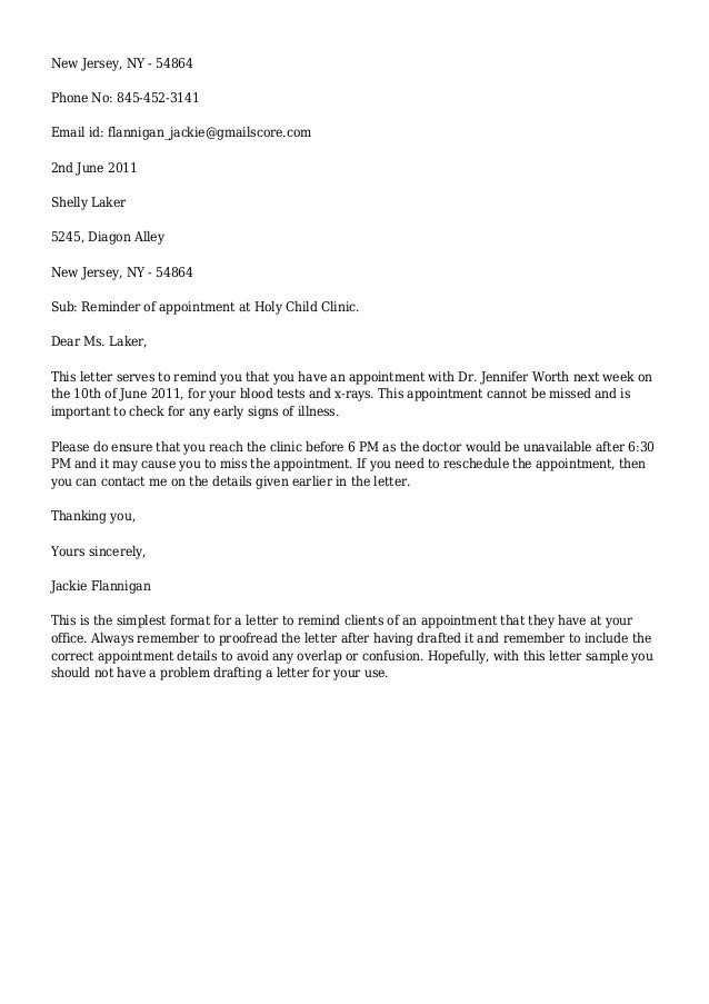 Appointment Reminder Letter Template Appointment Reminder Letter Sample