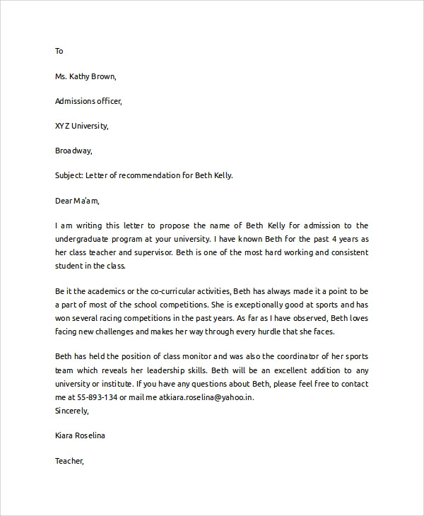College Reference Letter Template Free 7 Sample College Re Mendation Letter Templates In