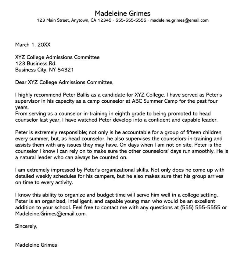 College Reference Letter Template Re Mendation Letter for College Sample Collection