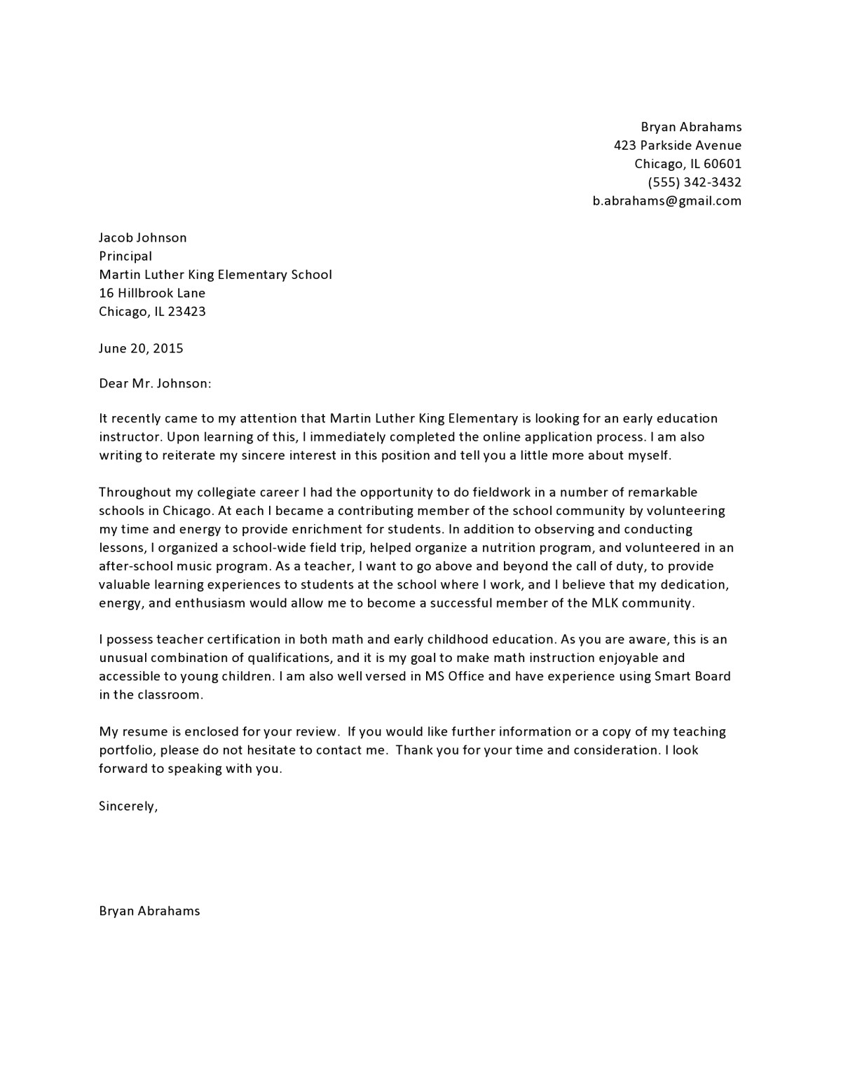 Education Cover Letter Template Elementary Education Entry Level