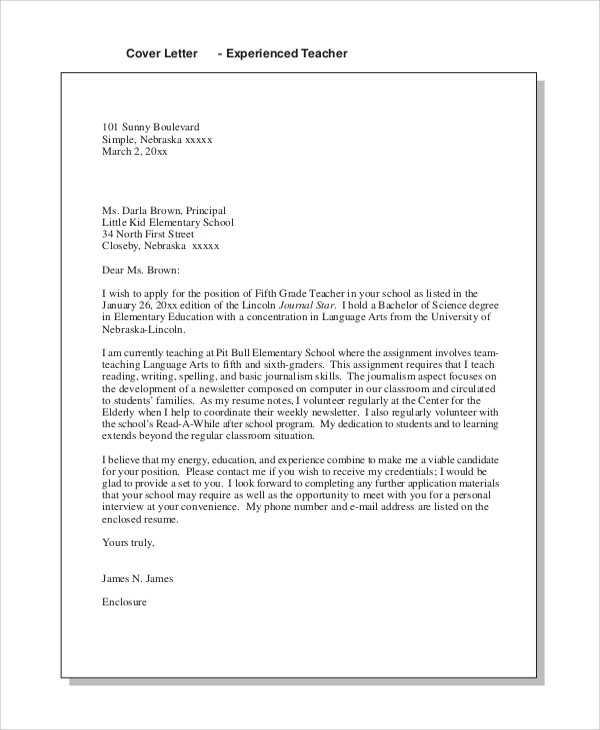Education Cover Letter Template Free 7 Sample Teaching Cover Letter Templates In Ms Word