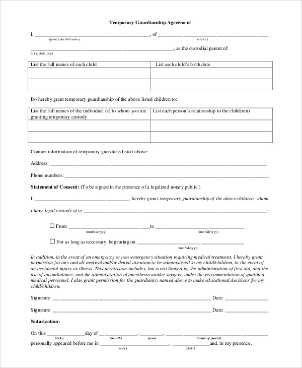 Free Guardianship Letter Template Free 10 Sample Temporary Guardianship forms In Pdf