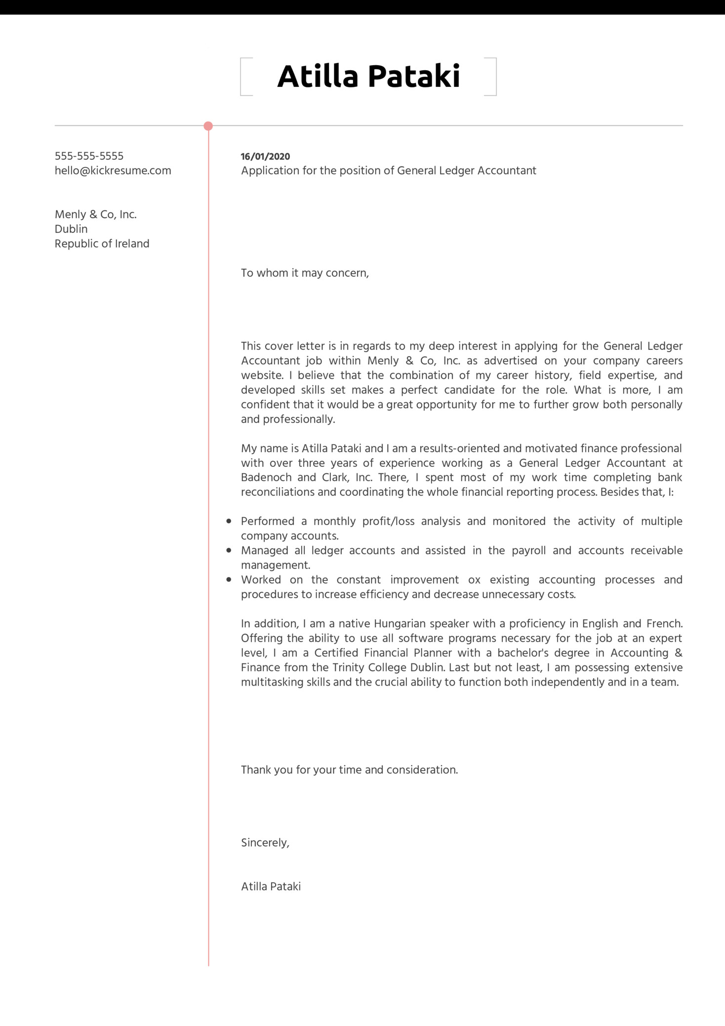 General Cover Letter Template General Ledger Accountant Cover Letter Example