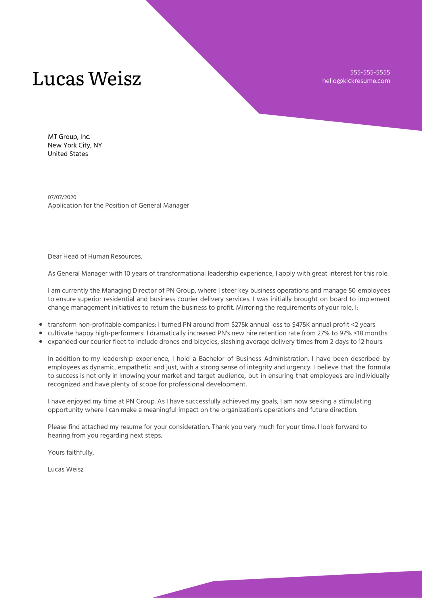 General Cover Letter Template General Manager Cover Letter Example