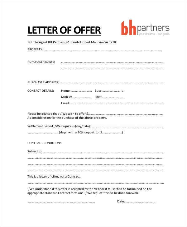 Home Offer Letter Template Property Fer Letter Templates 10 Free Word Pdf