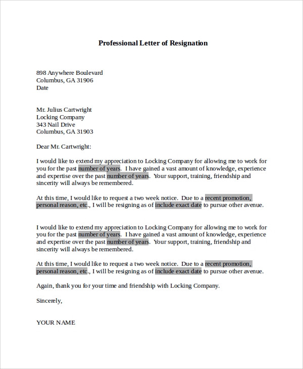 Letter Of Resignation Template Free 15 Letter Of Resignation Samples In Pdf