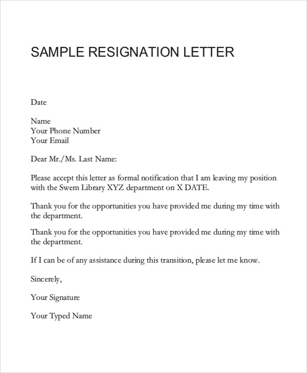 Letter Of Resignation Template Free 7 Resignation Letter Samples In Ms Word