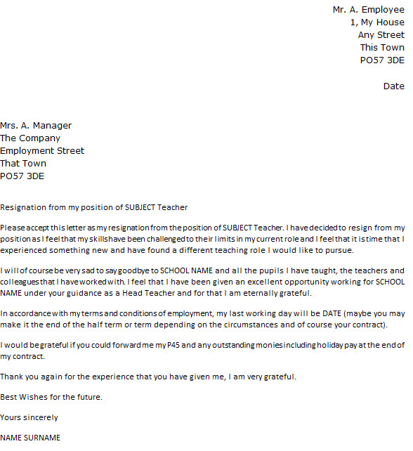 Letter Of Resignation Template Teacher Resignation Letter Example Icover