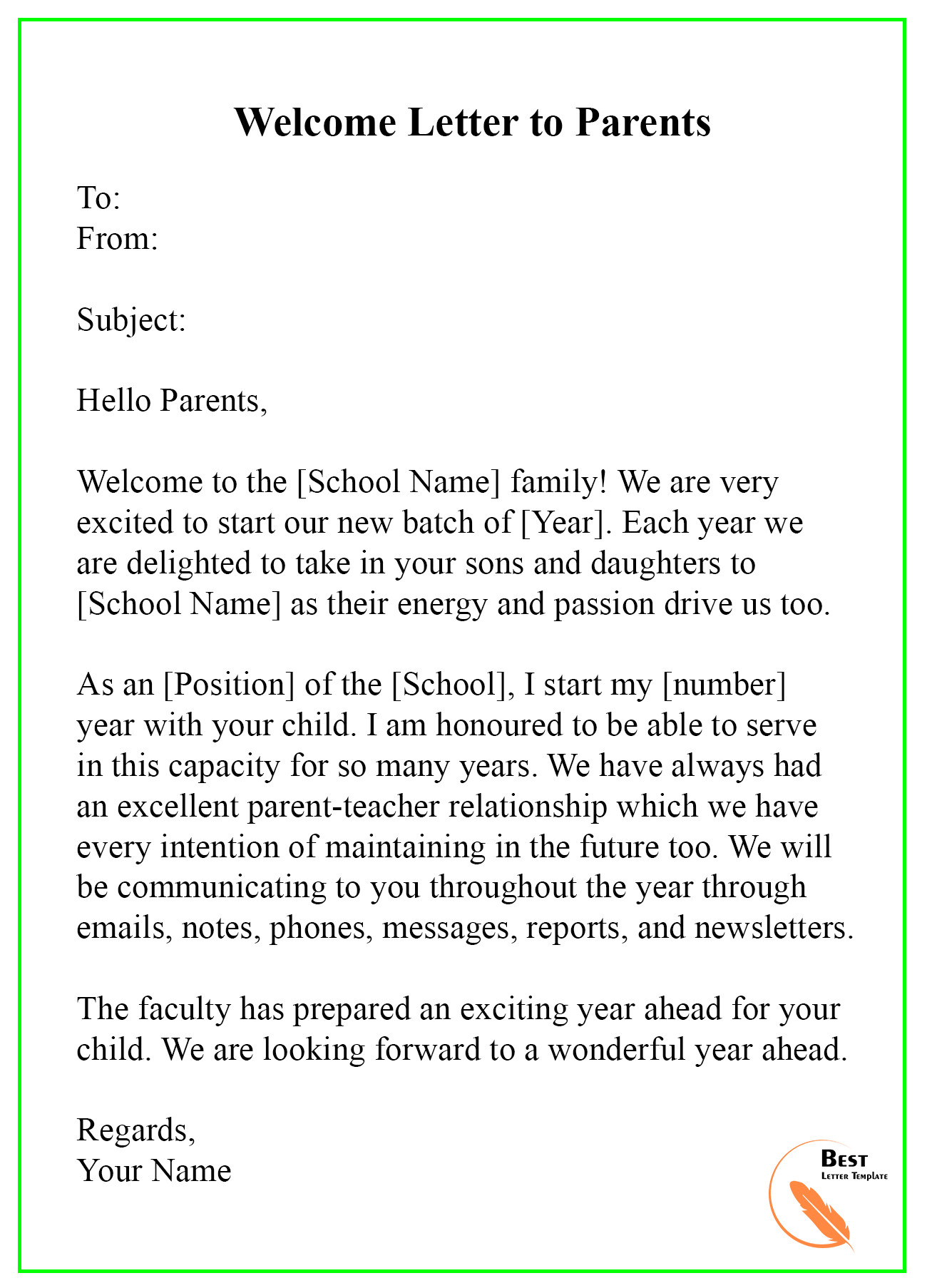 Letter to Parent Template Letter to Parents Template From Teachers