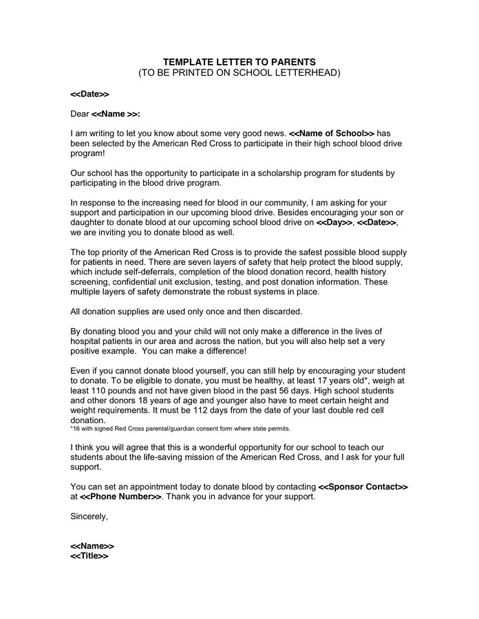 Letter to Parent Template Template Letter to Parents In Word and Pdf formats