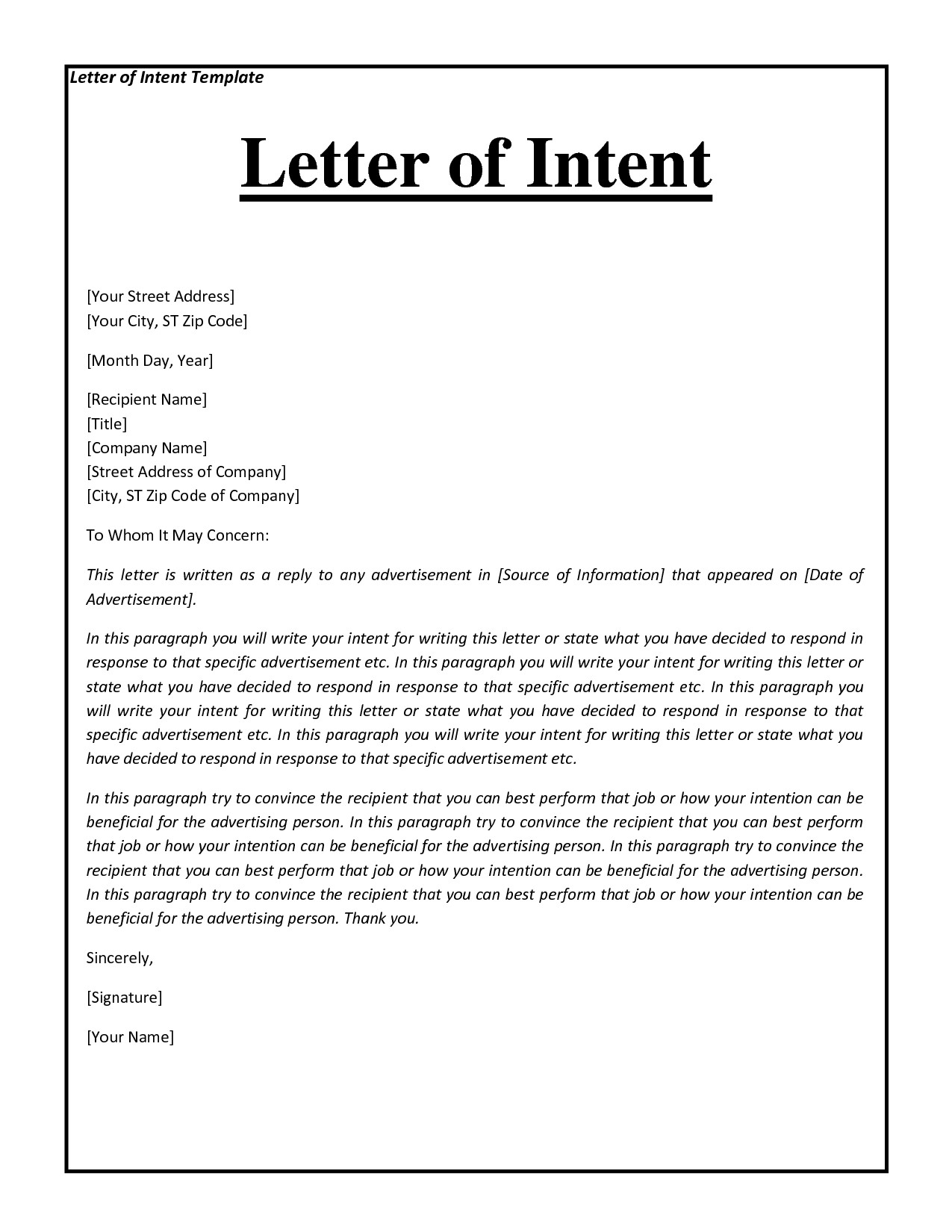 Letters Of Intent Template Letter Of Intent for Job Application Template – Prahu