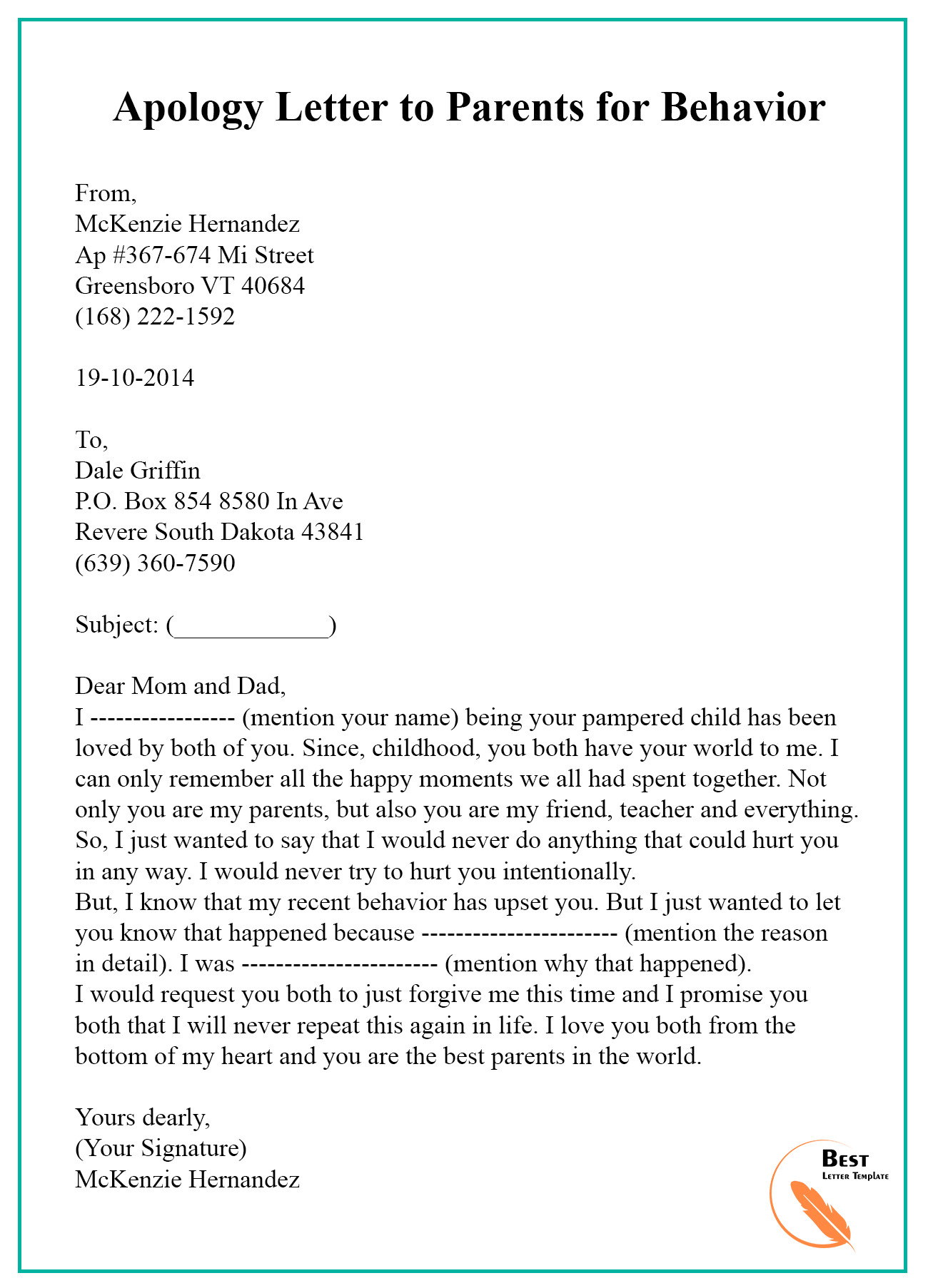 Letters to Parents Template Apology Letter to Parents for Behavior – Best Letter Template