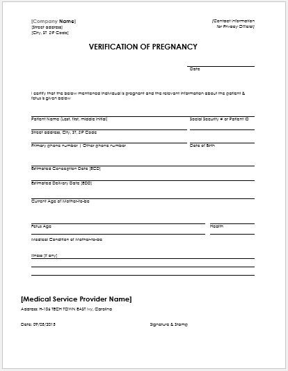 Pregnancy Confirmation Letter Template Ms Word Pregnancy Verification forms