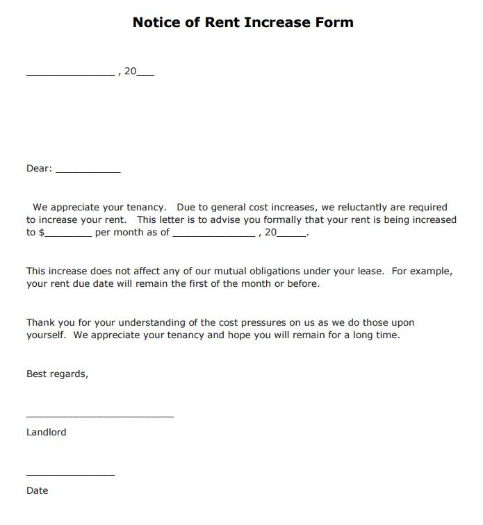 Rent Increase Letter Template Free Notice Of Rent Increase form Pdf Template