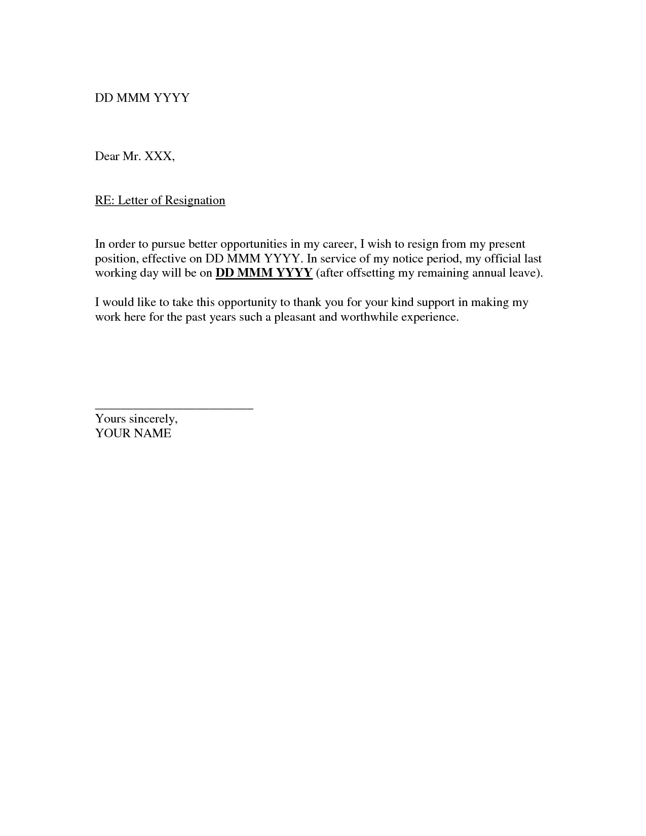 Resignation Letter Template Free Free Printable Letter Of Resignation form Generic