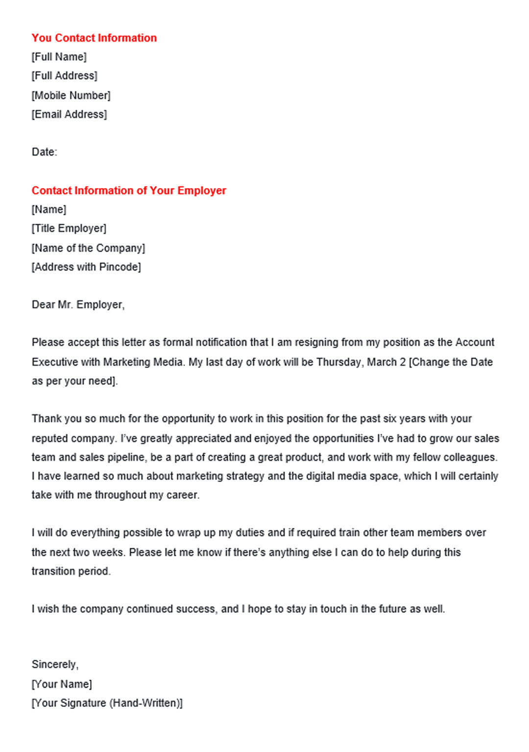 Resignation Letter Template Free Resignation Letter Samples How to Write A Professional