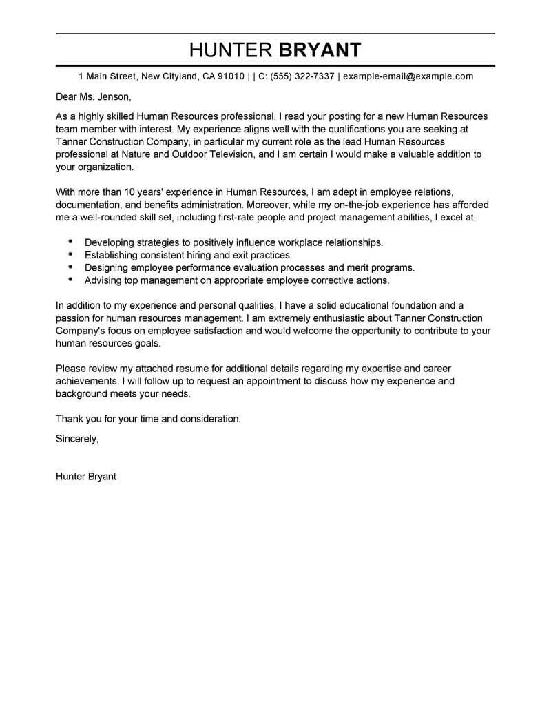 Sample Cover Letter Template Professional Human Resources Cover Letter Examples