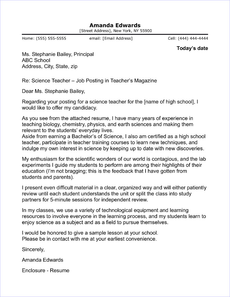 Teacher Cover Letter Template High School Teacher Cover Letter Sample