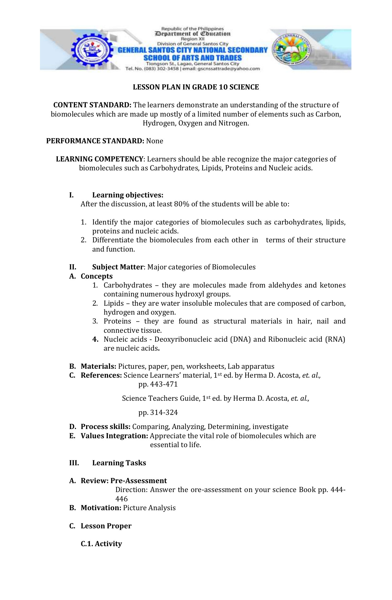 1st Grade Science Lesson Plans 1st Lesson Plan In Grade 10 Science
