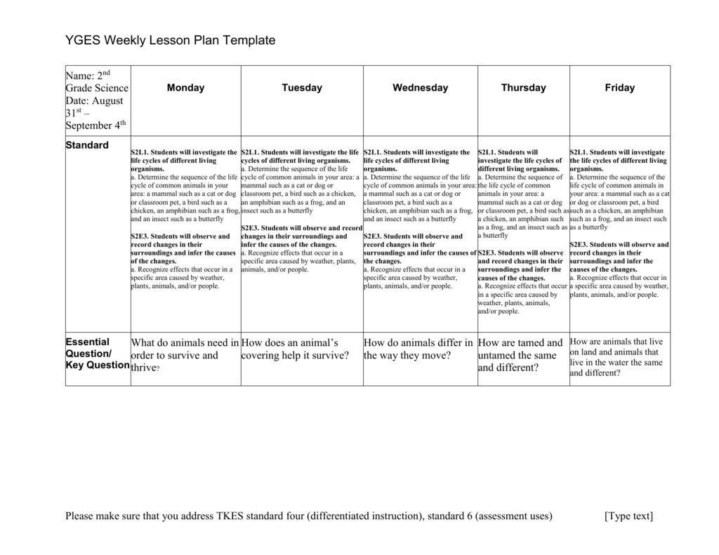 2nd Grade Lesson Plans Yges Weekly Lesson Plan Template Name 2nd Grade Science