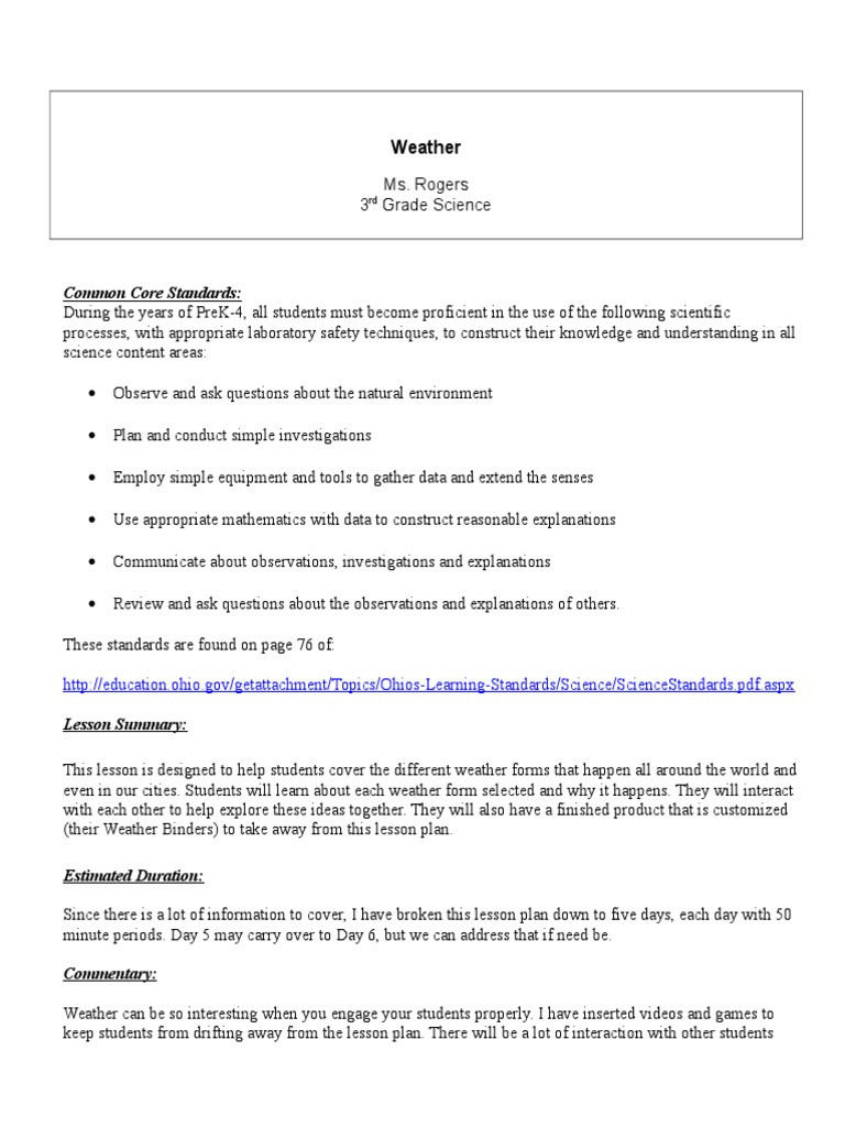 3rd Grade Science Lesson Plans 3rd Grade Lesson Plan Weather Lesson Plan