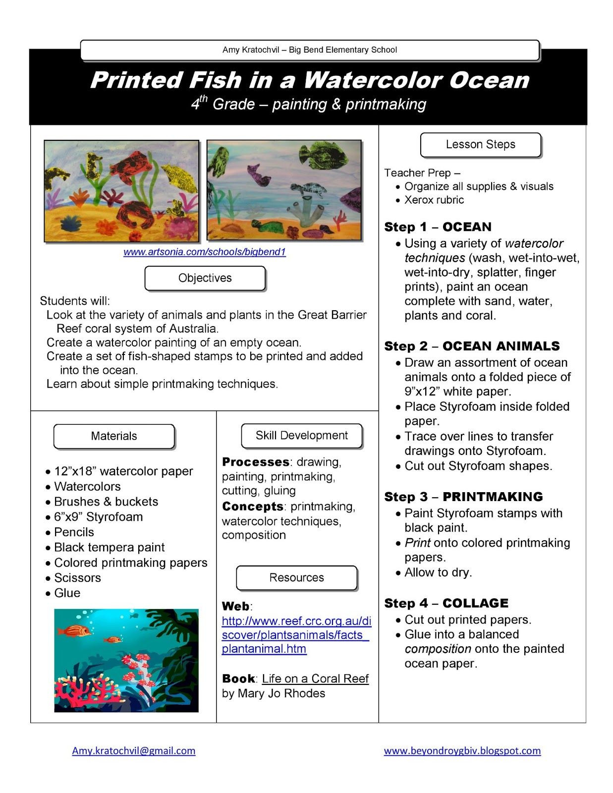 4th Grade Art Lesson Plans Printed Fish In A Watercolor Ocean Painting and