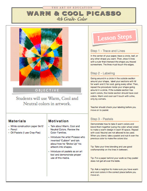 4th Grade Art Lesson Plans Warm and Cool Picasso Free Lesson Plan Download