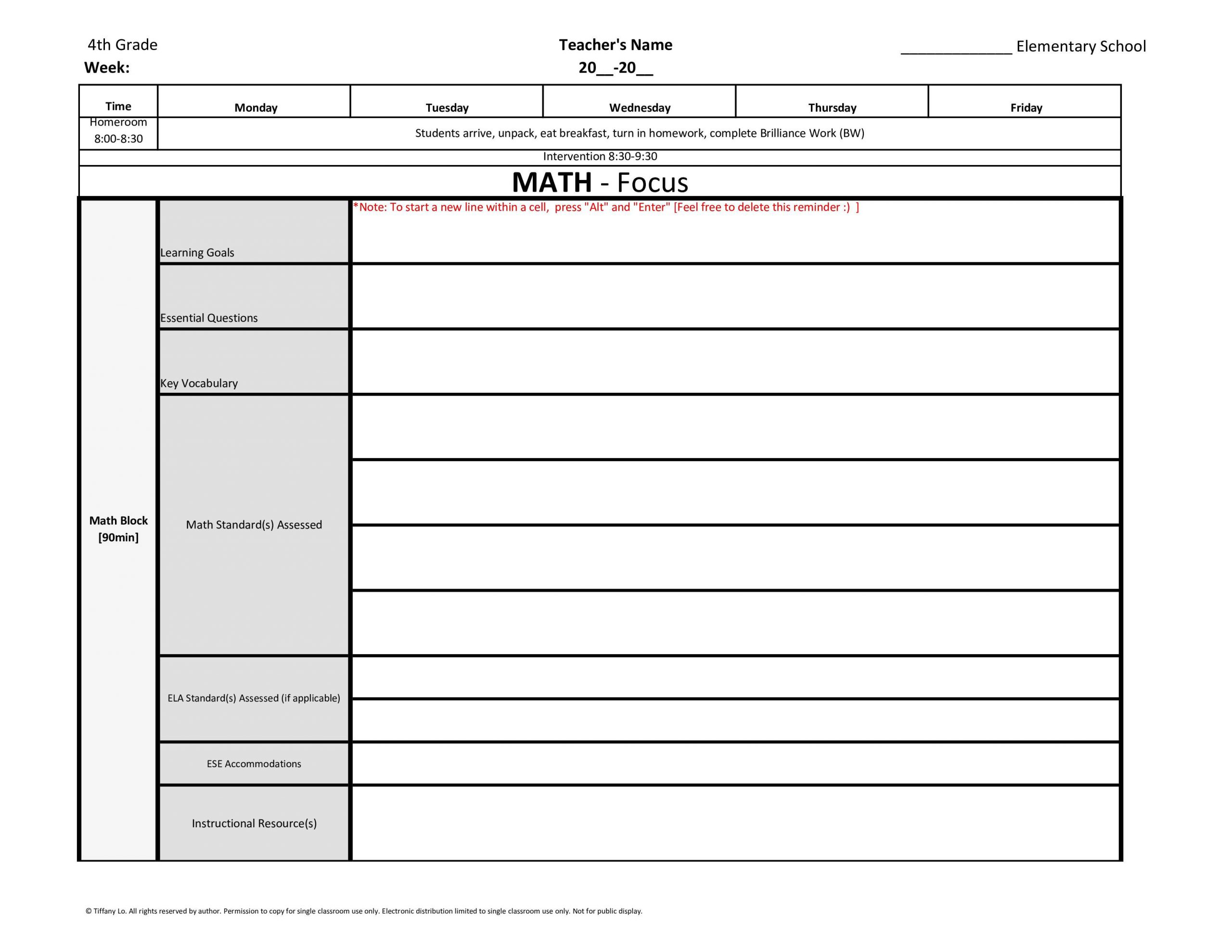 4th Grade Lesson Plans 4th Fourth Grade Mon Core Weekly Lesson Plan Template W