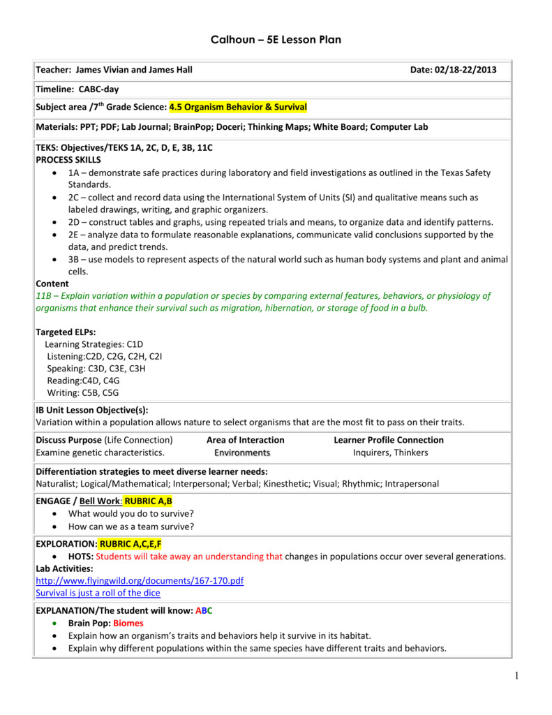 5e Lesson Plan Examples 5e Student Lesson Planning Template