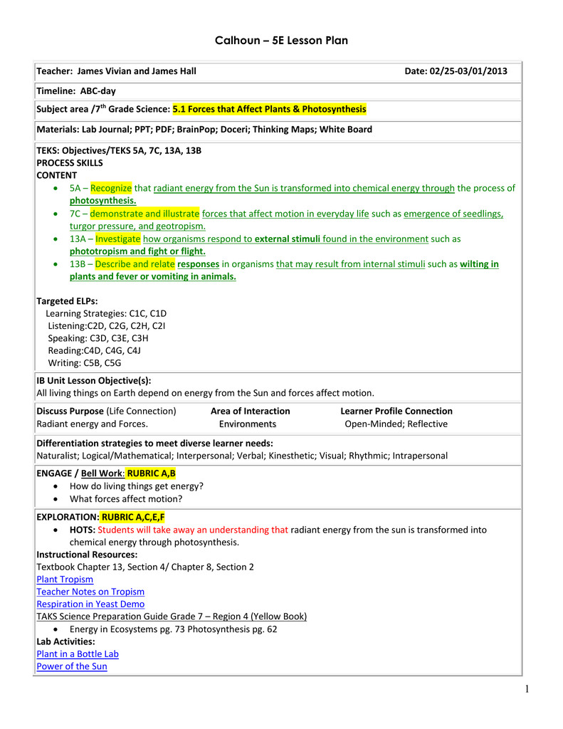 5e Lesson Plan Examples 5e Student Lesson Planning Template