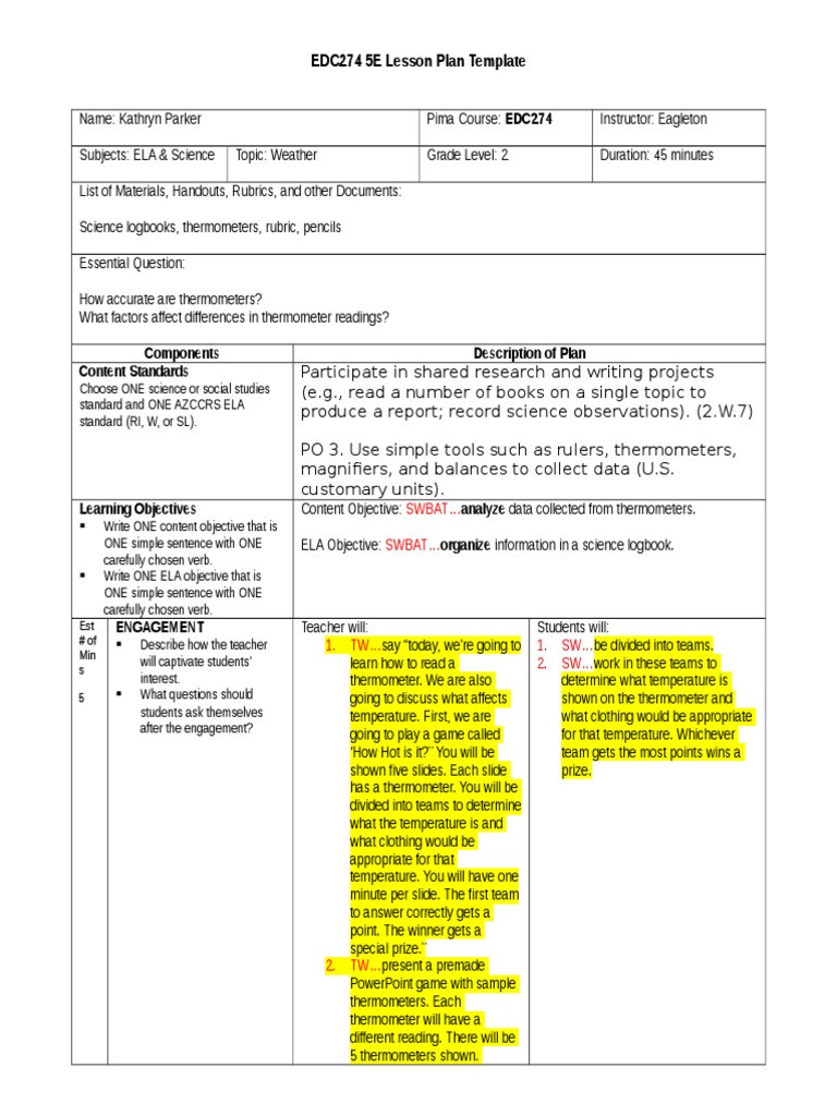 5e Lesson Plan Examples Edc274 5e Lesson Plan Template 1 Lesson Plan