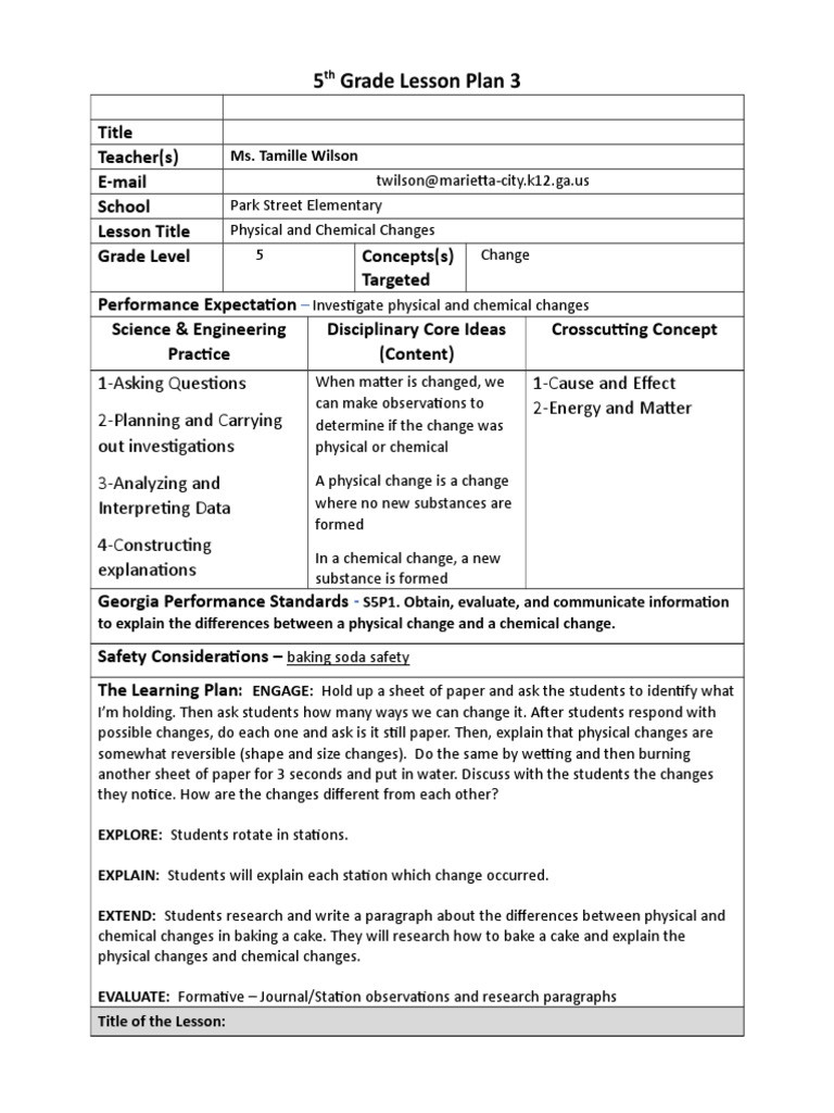 5th Grade Science Lesson Plans 5th Grade Science Lesson 3 Physical and Chemical Changes