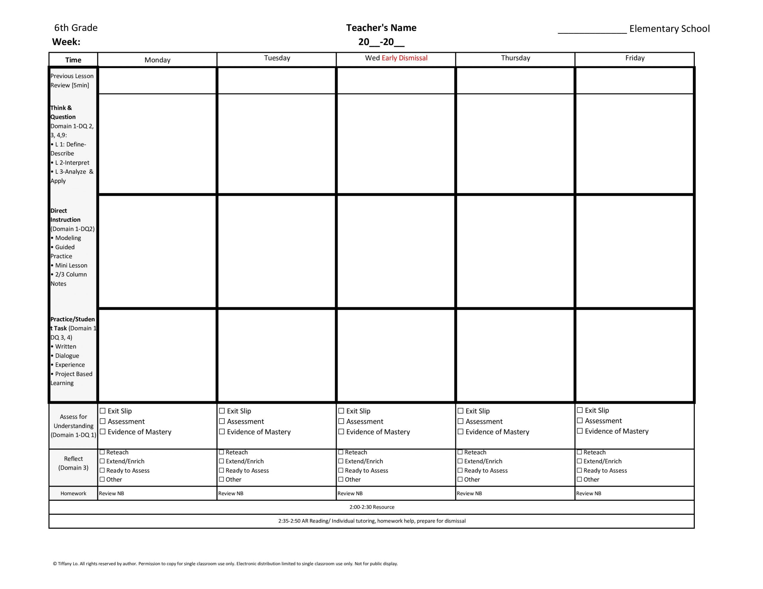 6th Grade Lesson Plans 6th Sixth Grade Weekly Lesson Plan Template W Florida