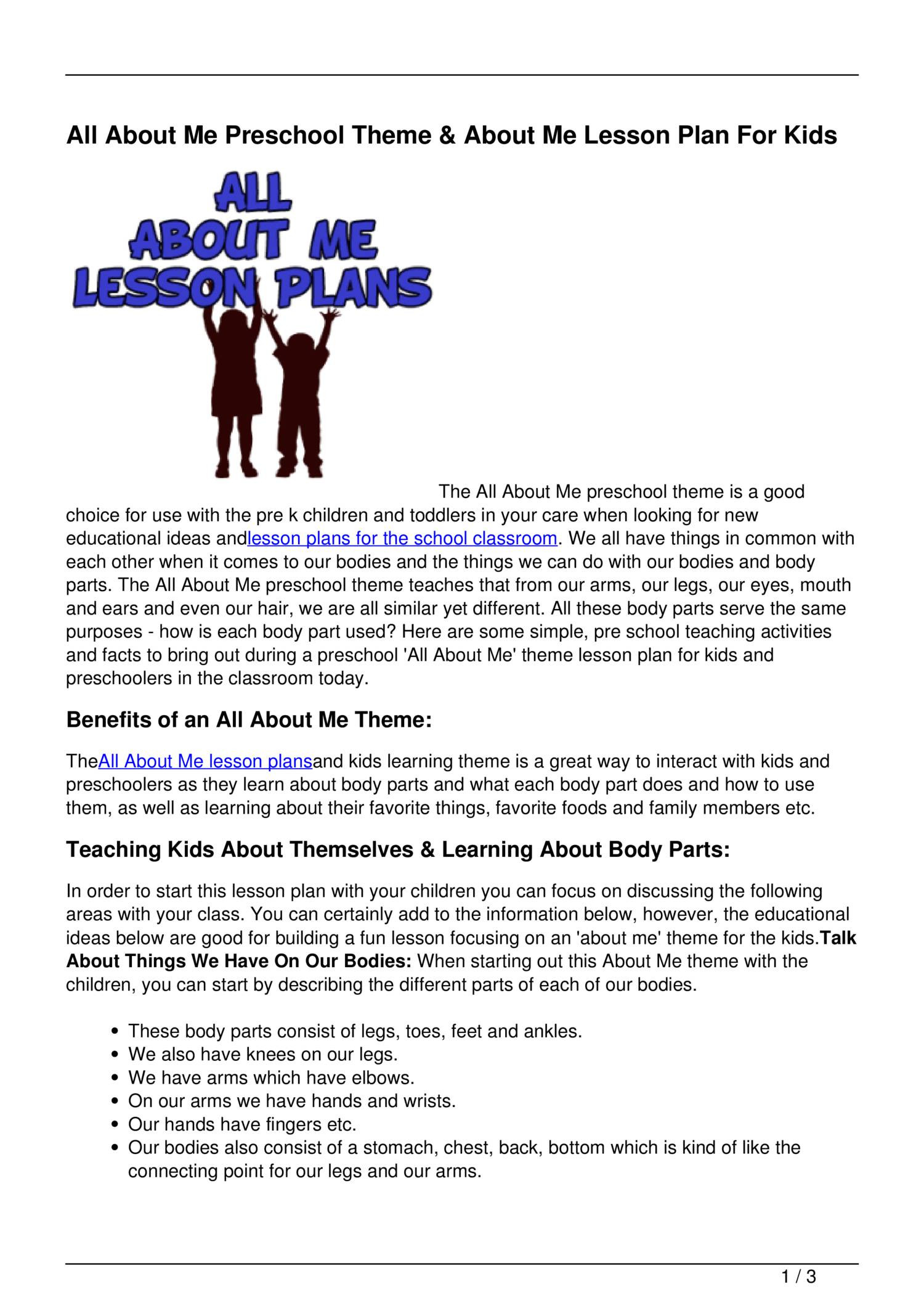 All About Me Lesson Plans All About Me theme Lesson Plan for Kids Pdf Docdroid