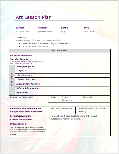 Art Lesson Plan Template Art Lesson Plan Template Word Templates for Free Download