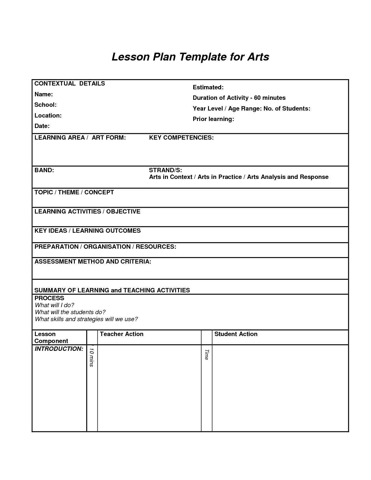 Art Lesson Plan Template Lesson Plan Template for Arts