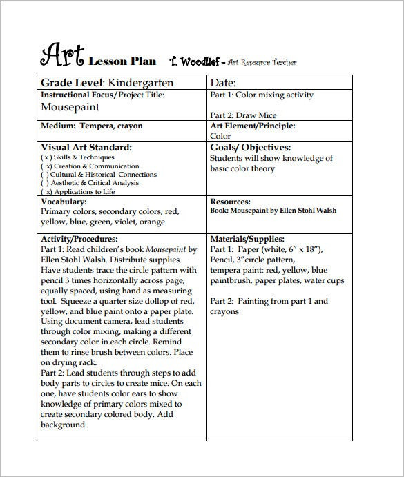 Art Lesson Plans for Kindergarten Art Lesson Plan Template 10 Free Word Pdf Documents