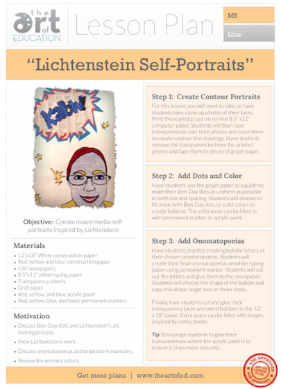 Art Lesson Plans Middle School Lichtenstein Self Portraits Free Lesson Plan Download