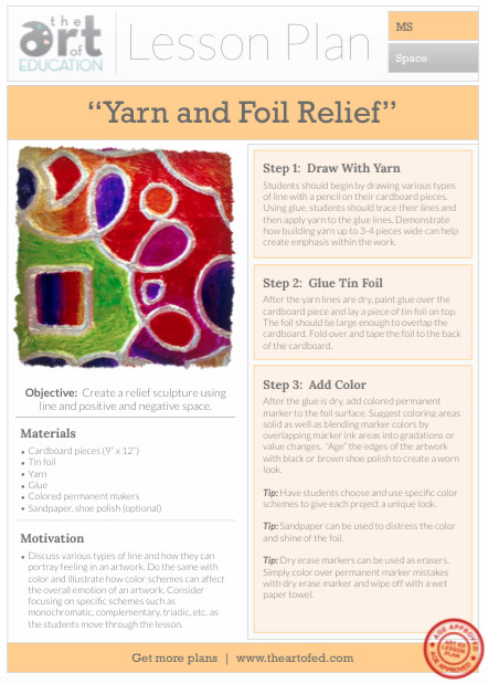 Art Lesson Plans Middle School Yarn and Foil Relief Free Lesson Plan Download