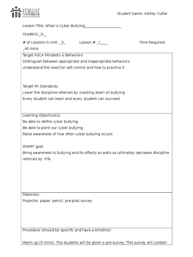 Asca Lesson Plan Template Ac asca Lesson Plan Template Bullying