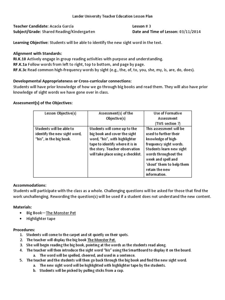 Assessment In Lesson Plan Lesson Plan 3 Student Teaching