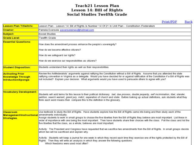 Bill Of Rights Lesson Plan Lesson 14 Bill Of Rights Lesson Plan for 12th Grade