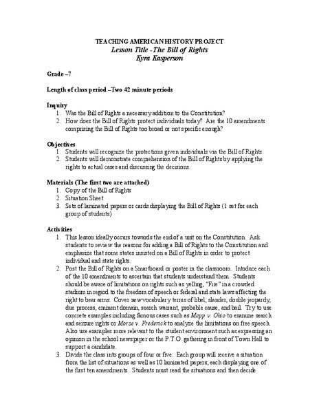 Bill Of Rights Lesson Plan the Bill Of Rights Lesson Plan for 7th Grade