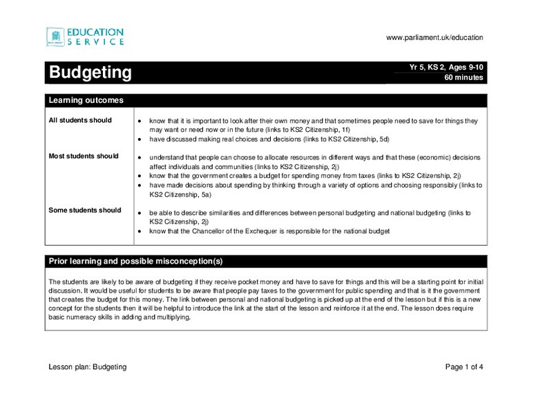 Budgeting Lesson Plans Bud Ing Lesson Plan for 4th 5th Grade